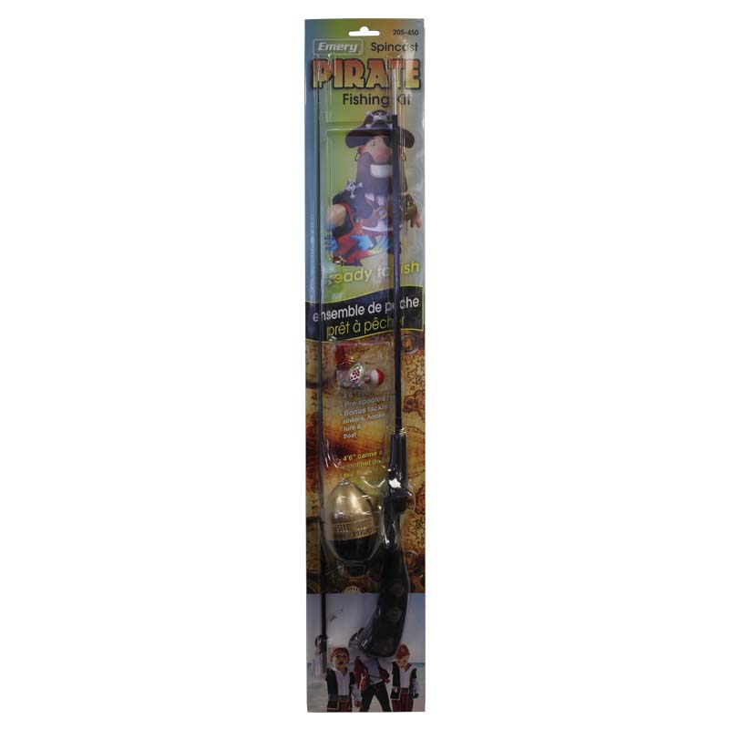 Emery Pirate Spincast fishing kit with rod, prespooled reel and tackle